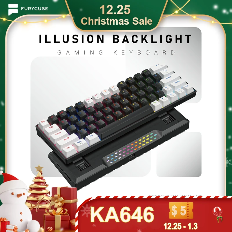 

FURYCUBE KA646, 60% Mechanical Keyboard, 63 Keys, Wired Type-C Hot Swap, Rainbow Backlight, White Mini Gaming Keyboard