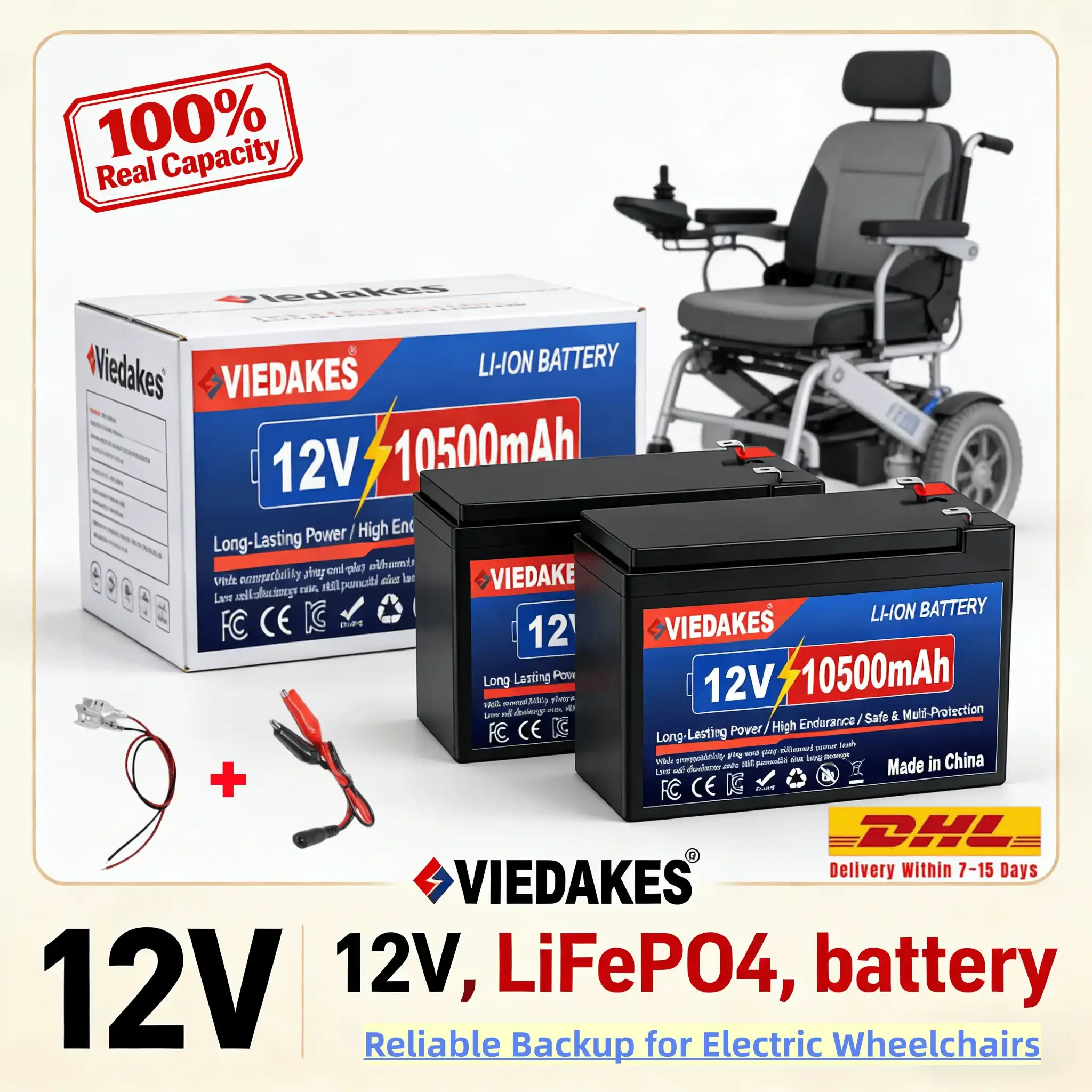 

VIEDAKES 12V LiFePO4 Battery 3S7P 10.5Ah 100% Real Capacity with Charger for Security Light Emergency Power Supply