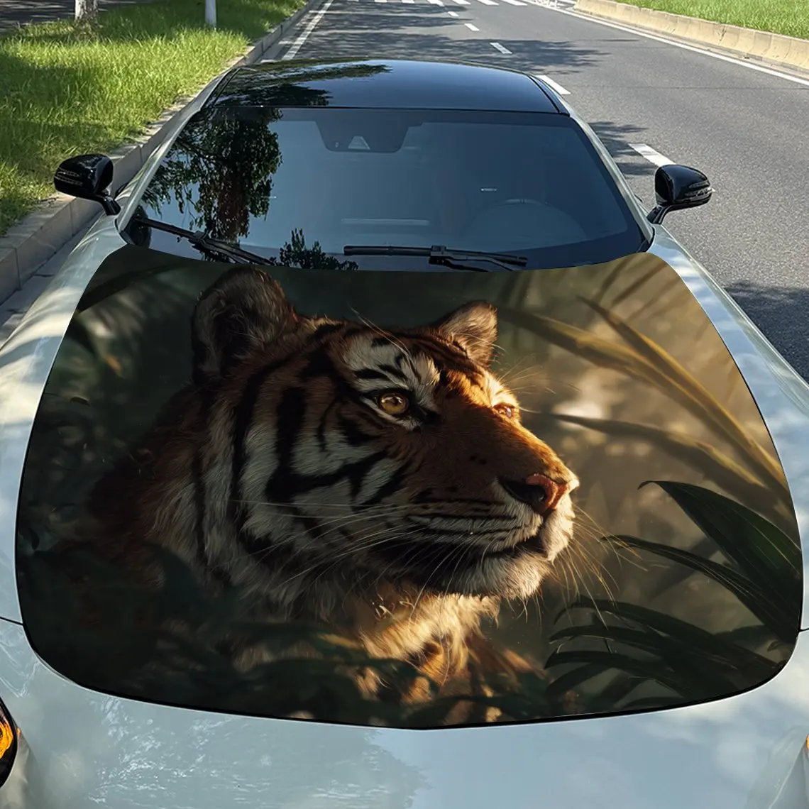 Car Decals Tiger Amidst Sunlit Foliage Car Hood Sticker, Waterproof Self - Adhesive Vinyl Graphics Decals, Decorative Protective