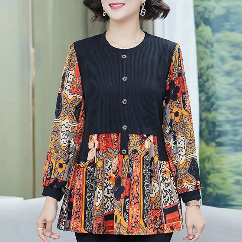 Female Clothing Vintage Printed Shirt Spring Autumn Long Sleeve Casual Patchwork Commute Stylish Round Neck Button Loose Blouse