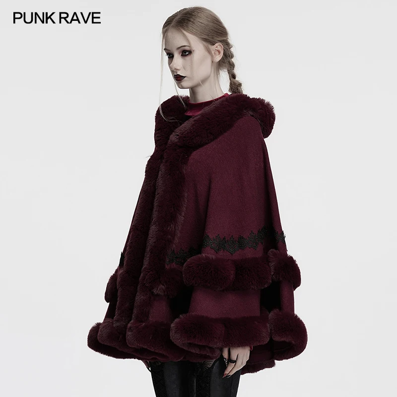 PUNK RAVE Women's Gothic Simple Hooded Loose Style Fur Cloak Retro Aristocratic Feeling Windproof Warm Outwear Two Color