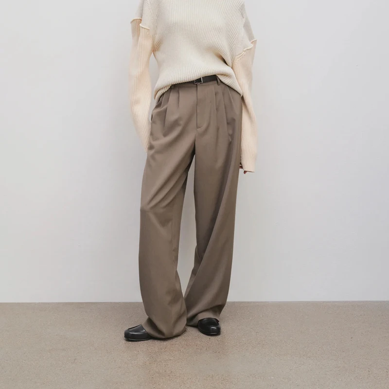 

High Waist Wide Leg Woolen Pants Commute Sle Diagonal Stripe mat Ceiling RO American Sle Pleated Long Pants