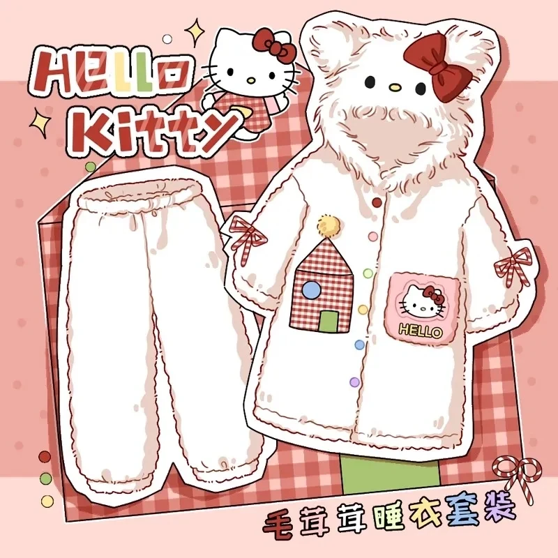 

Ночная рубашка из кораллового флиса Hello Kitty для женщин, длинный толстый халат, пижама с капюшоном, осенне-зимняя домашняя одежда, мягкий удобный подарок