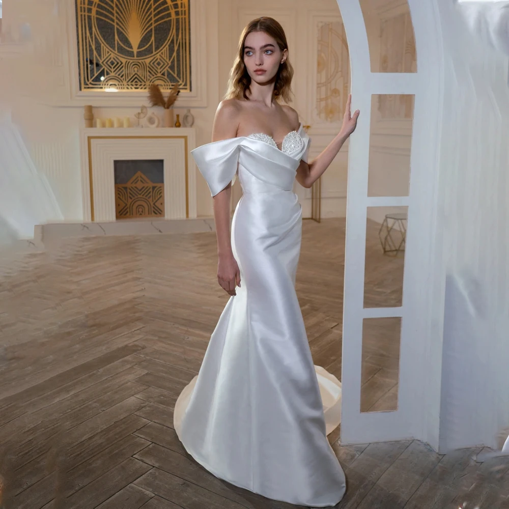 

Elegant Off The Shoulder Beaded V-neck Satin Mermaid Wedding Dresses Sweep Train Custom Made Bridal Grown 2025 Vestido De Noival