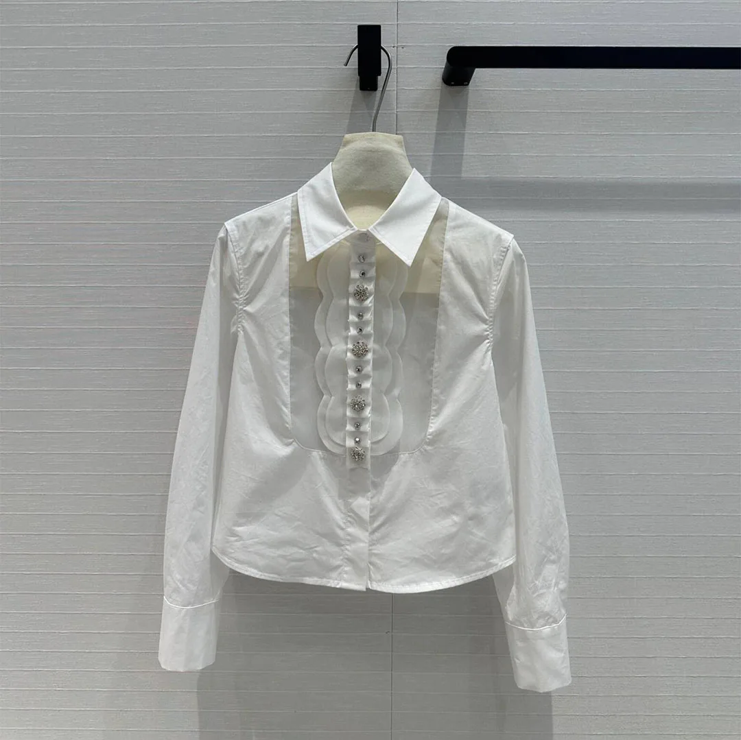 

2024 New Fashion Organza Lace Patchwork Transparent Short White Shirt Women Lapel Long Sleeve Diamonds Buttons Sweet T-shirt