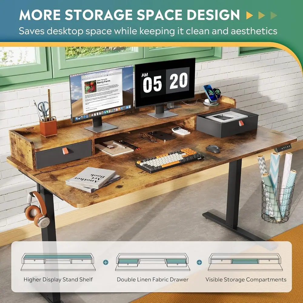 Rustic Brown Electric Standing Desk: 55x28 Inches with 3 Adjustable Heights, Drawers, Storage Shelf, USB Outlets, and Memory Pre