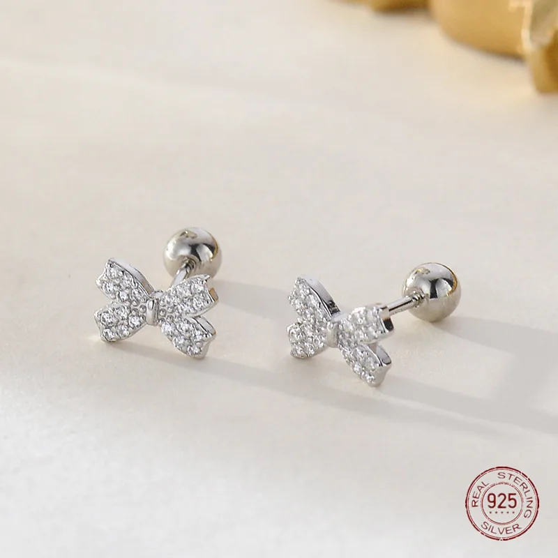 925 Sterling Silver Bowknot Sparkling Zircon Kolczyki sztyfty dla dziewczynek Elegancja Małe kolczyki w stylu koreańskim Luksusowa biżuteria dla kobiet