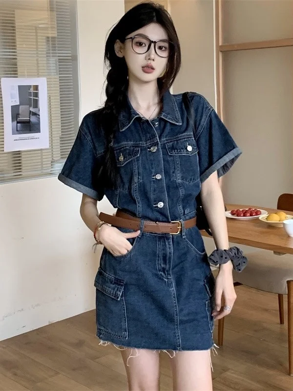 

Новинка: Женское винтажное платье больших размеров с коротким рукавом, приталенное, с отложным воротником, в корейском стиле, летнее