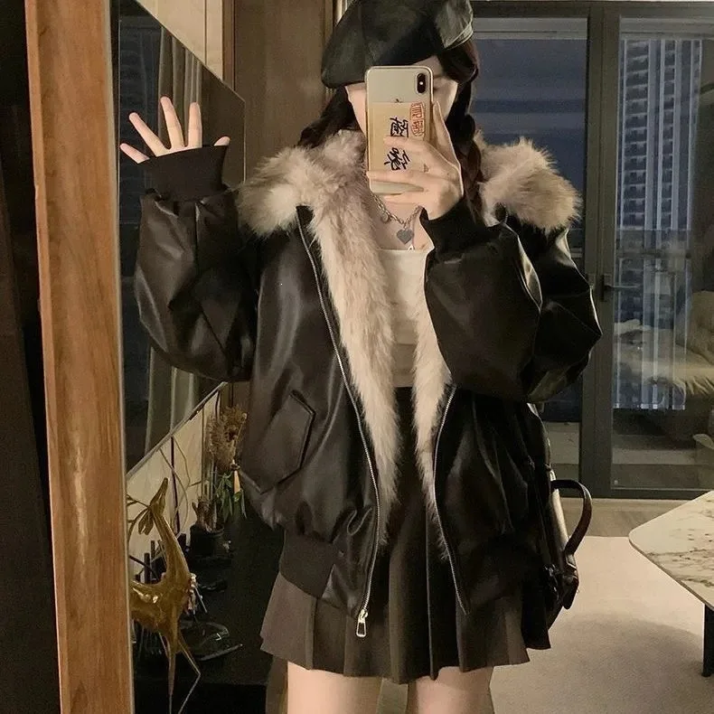 American Retro Hooded Patchwork Fur Jacket Women's Winter Fleece Lined Thickened Warm Cotton Coat PU Leather Coat