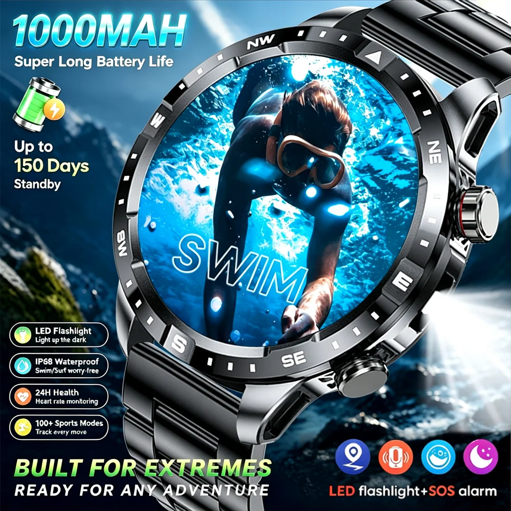 2026년형 신형 아웃도어 군용 등급 1000mAh 배터리 스마트워치 1.7인치 AMOLED 심박수 및 수면 모니터링 손전등 통화 나침반 기능 탑재