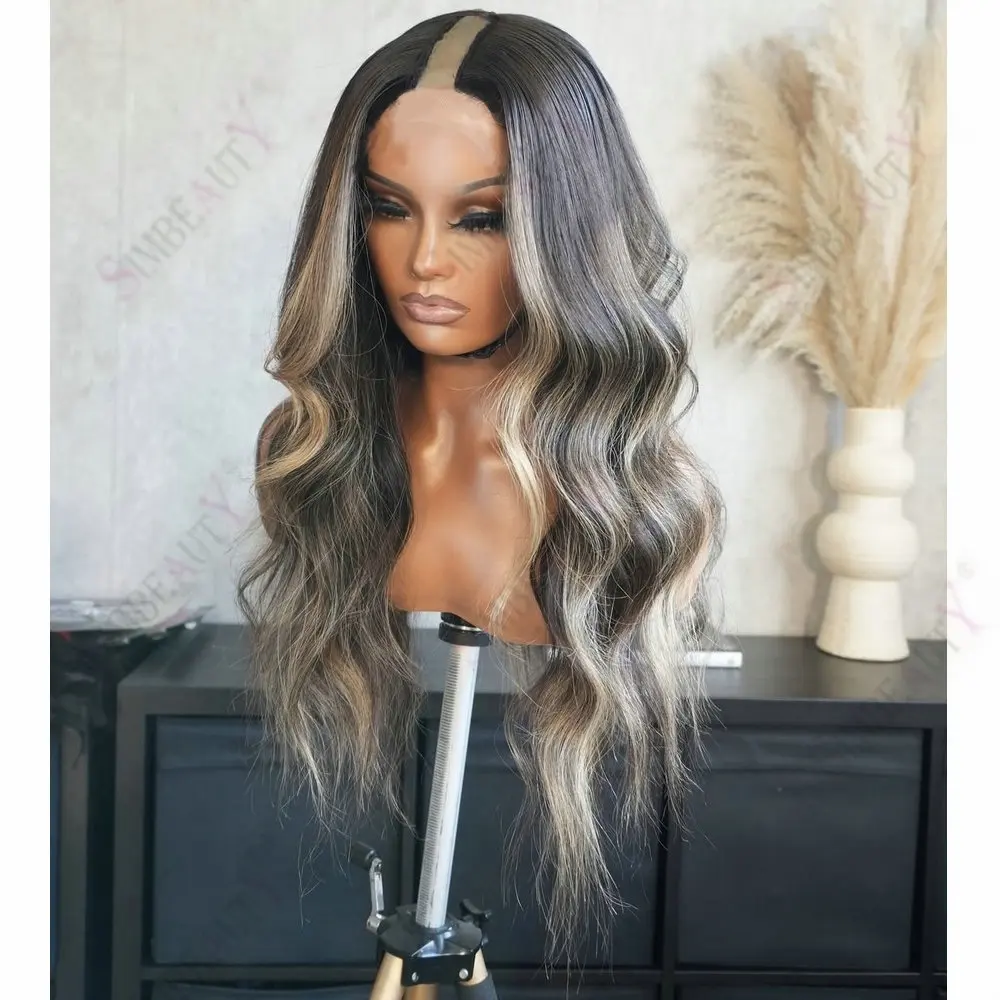 

Ash Honey Blonde Hightlight Loose Wavy Human Hair 1x4 V Part Wigs for Black Women 180Density Full Machine Made U Shaped Wigs