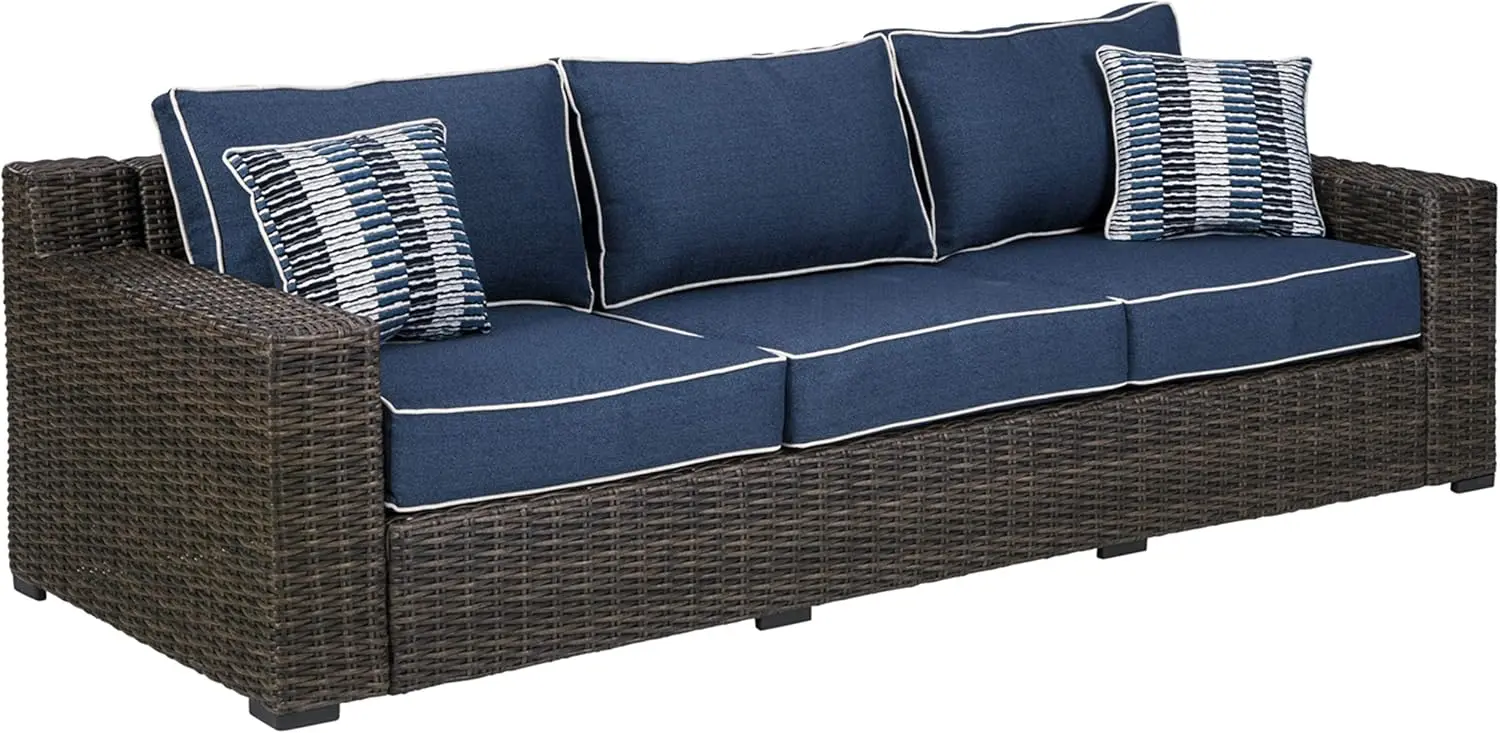 Outdoor Patio All-Weather Wicker Sofa with Comfy Cushion and 2 Throw Pillows, Aluminum & Resin Frame, Brown & Blue