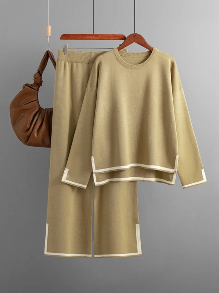 2 Piece Sets Womens Outfits Elegant Autumn Winter Fashion Knitted Sweater Women\'s Tops Suits High Waisted Wide-leg Pant Sets