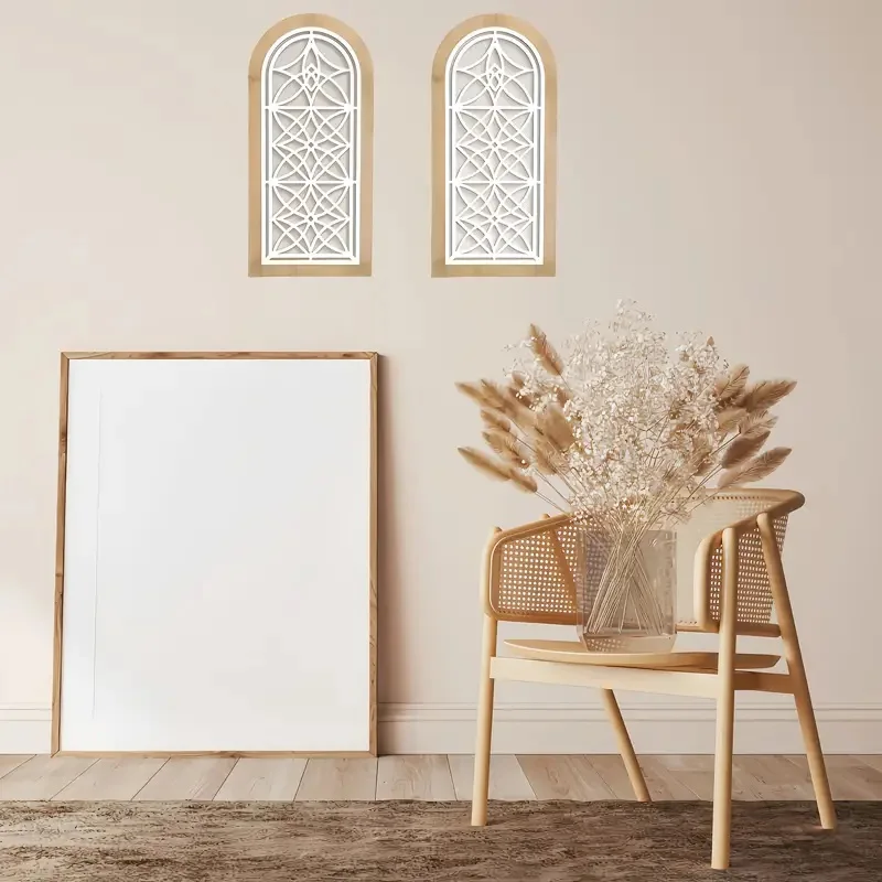 2 قطعة جدار الفن الخشبي خمر مزرعة قوس جدار المنحوتات ، لوحات شبه دائرية ذاتية اللصق لغرفة المعيشة وديكور المكتب