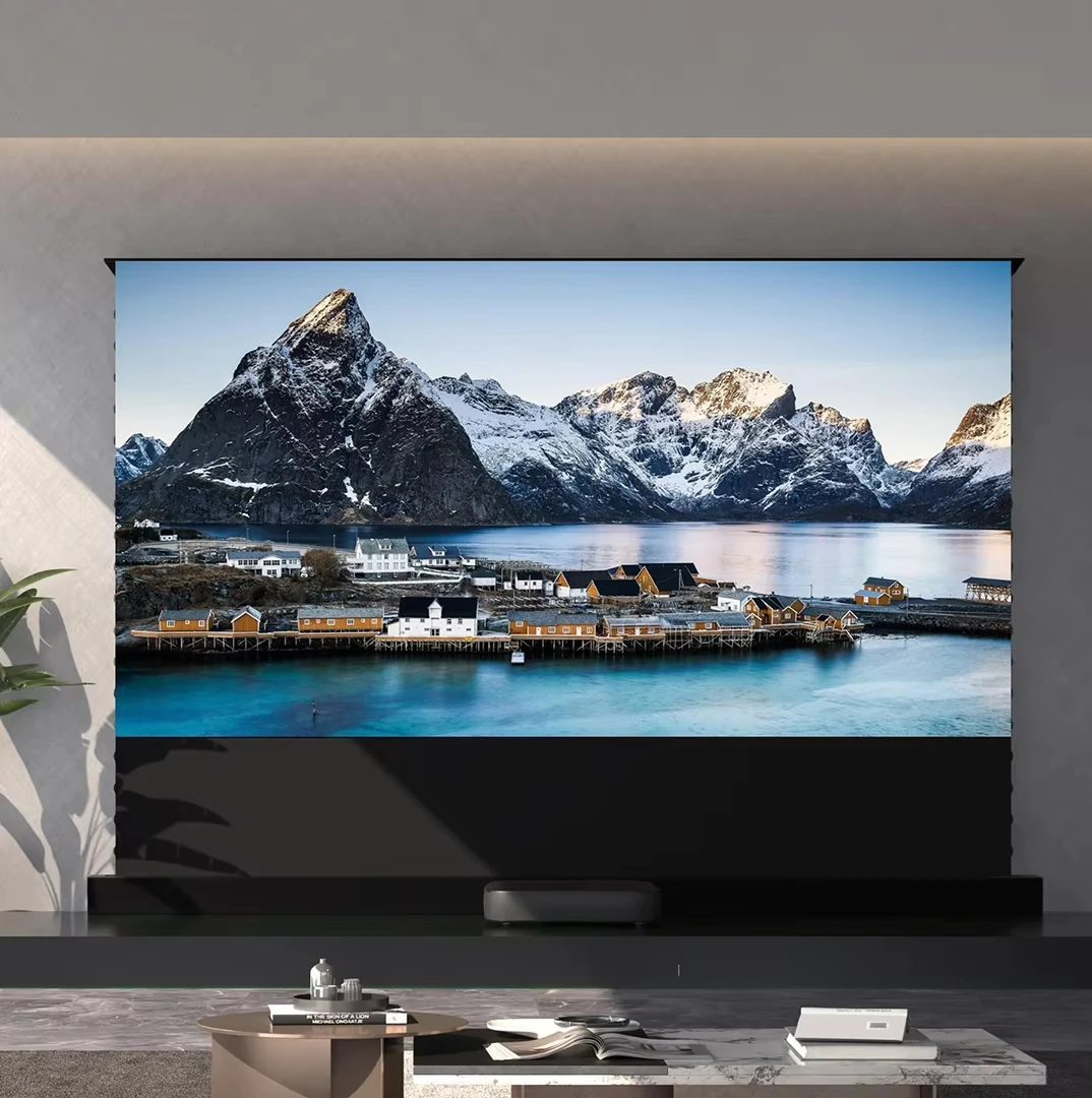 100 Inch Motorized Floor Rising CLR Projection Screen Wupro LeApex EVO 8K UHD CBSP Home Theater Projector Screen