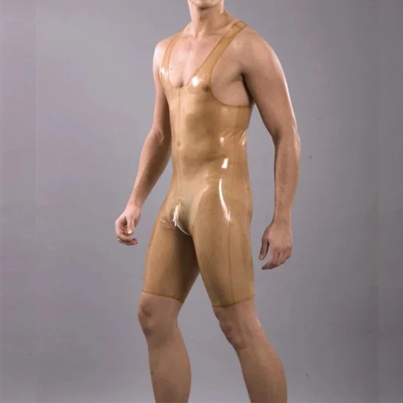 

Handmade Transparent Men's Latex Rubber Catsuit Sleeveless Bodysuit Garment Club Wear Jumpsuit Gummi 0.4mm