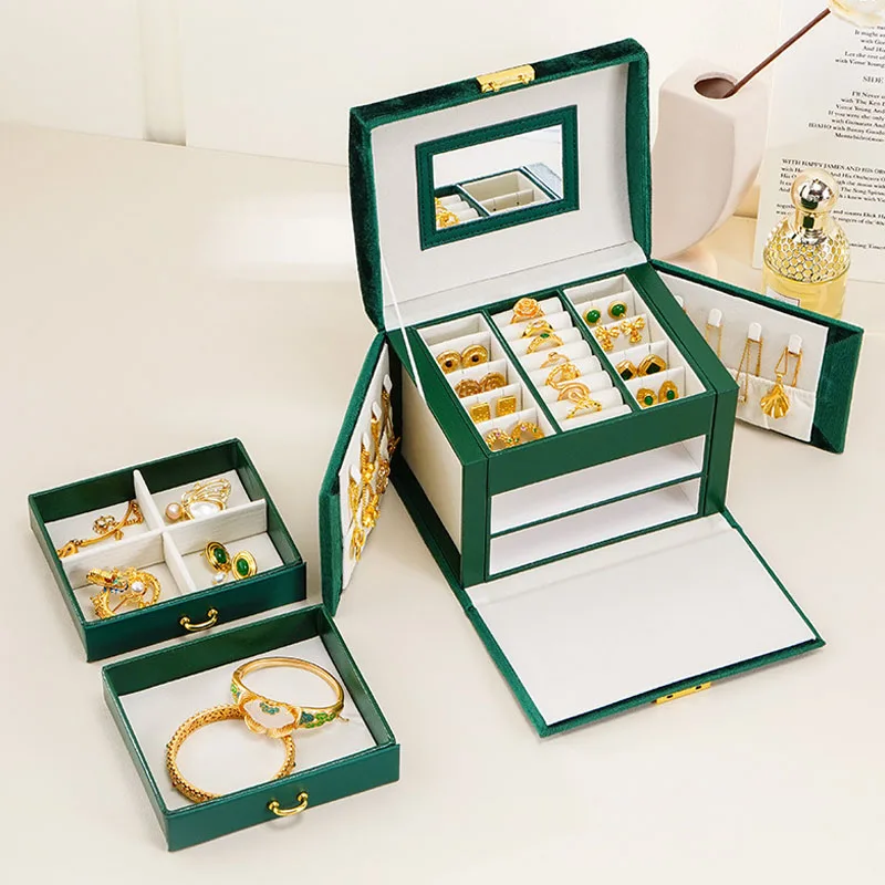 Luxury flannel Jewelry Organizer Box 3 Layers Large Jewelry Box Travel Jewelry Case With Mirror For Necklaces Earrings Rings