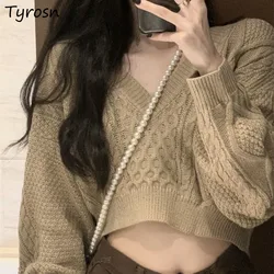 V-neck Pullovers for Women Khaki Solid Chic Korean Style Loose Knitted Warm Spring Outwear Students Girls Clothing All-match