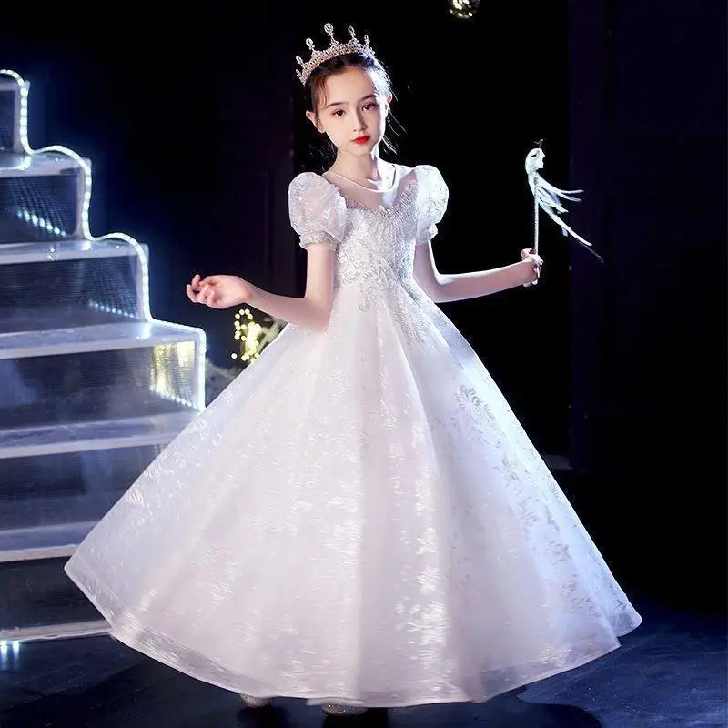 Children Clothes Girl Wedding Dress 2023 New Puff Sleeve Princess Banquet Dresses Birthday Evening Sequins Ball Gown for Kids