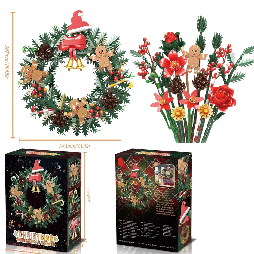 

Рождественский букет/гирлянда, модель, строительные блоки, искусственные цветы, растения, украшение для вечеринки, сборка игрушек, MOC, кирпичи, праздничные подарки