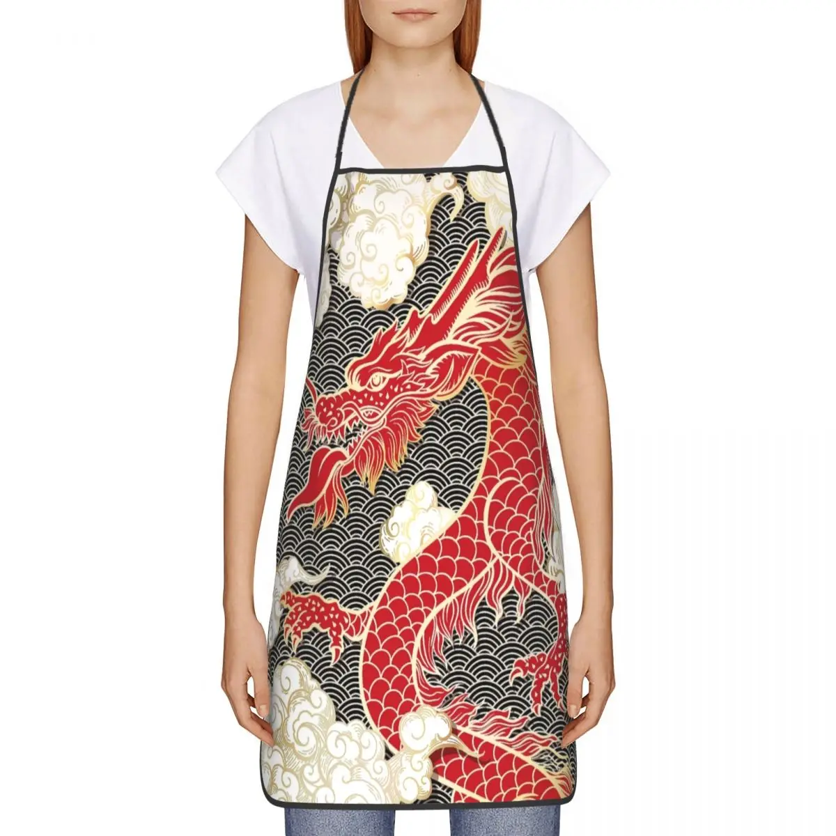 Chinese Red Dragon Totem Pattern Aprons Women Men Unisex Kitchen Chef Tradition Asian Style Tablier Cuisine for Cooking Baking