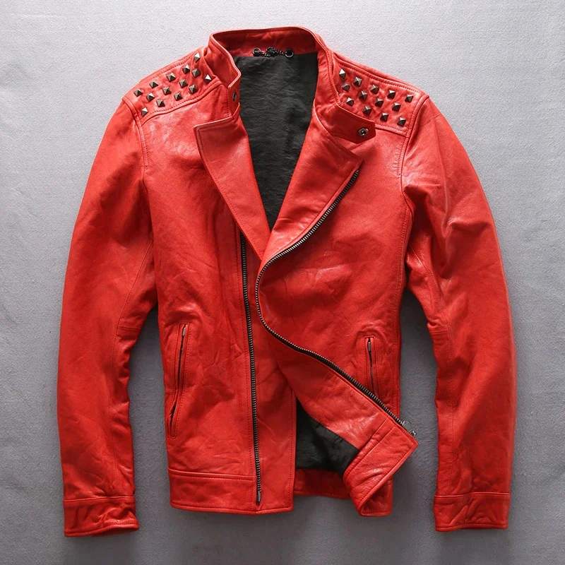 

Brand Genuine Sheep Leather Black/Red Rivet Jacket Top Quality Outwear Coat Vintage Classic Goat Skin Motorcycle Rider