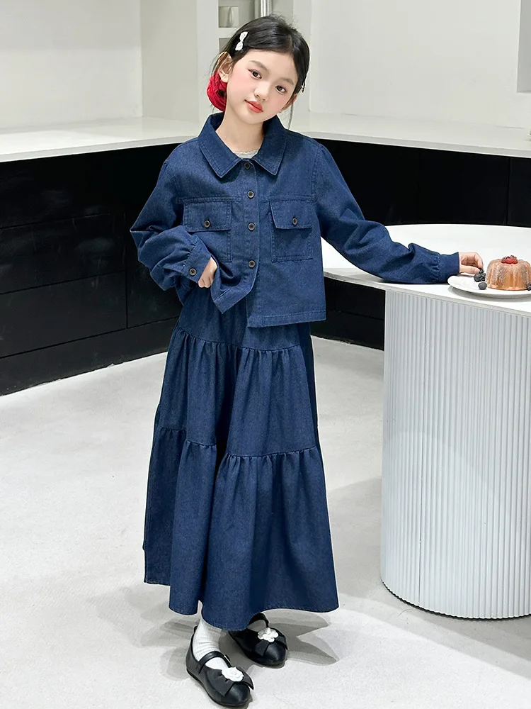Teenager Girls Clothing Sets Spring Autumn Fashion Lapel Top and A-line Skirt Suit T Kids Clothes Casual Children Denim Outfits 3