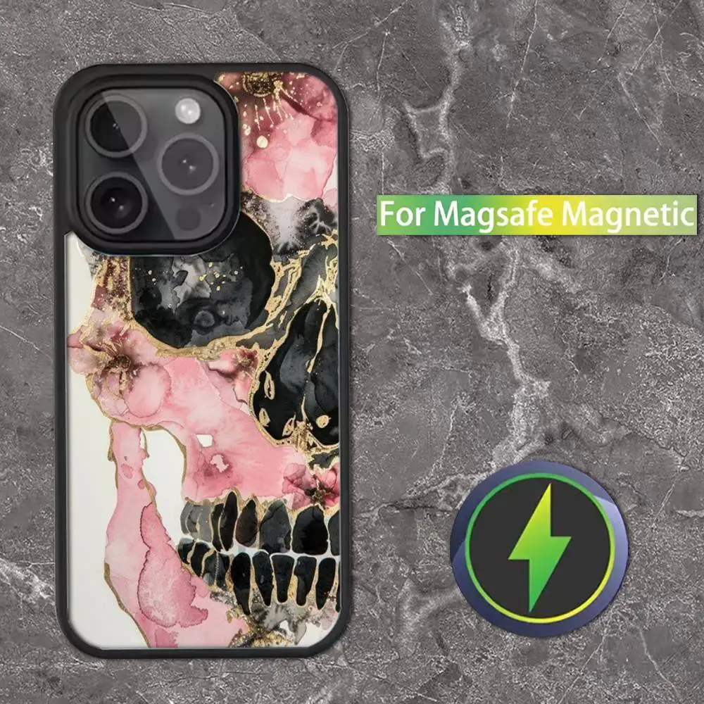 Casing Ponsel Kartun Tengkorak Bunga Untuk iPhone 17,16,15,14,13,12,11,Pro,Max,Plus,Mini,SE Magsafe Pengisian Daya Nirkabel Magnetik