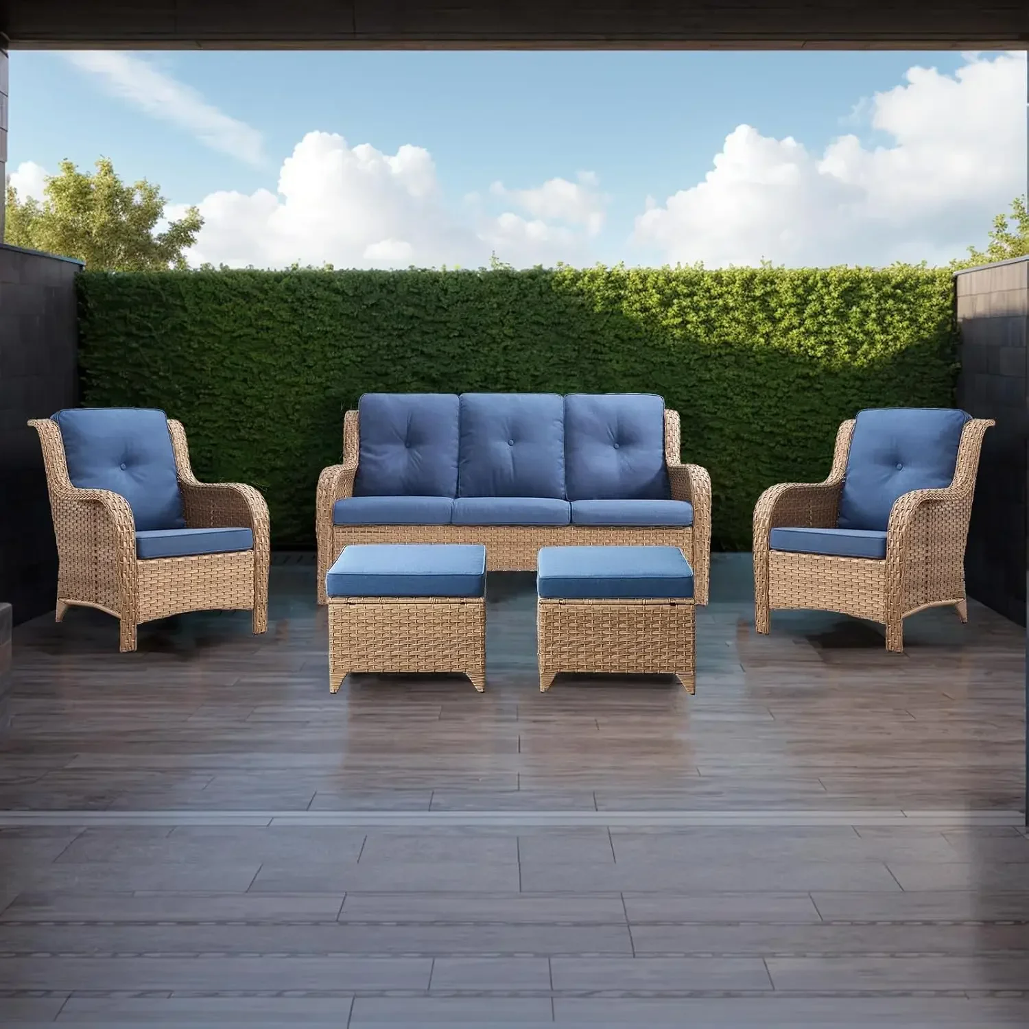 5 Piece Rattan Patio Conversation Sectional Sofa Set with 1 Couch,2 Armchairs,2 Ottomans for Porch Deck Garden