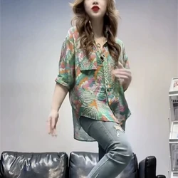 2024 New Summer Korean Streetwear Fashion Versatile Half Sleeve Blouses Loose Polo Neck Printed Pocket Button Women's Shirt Top