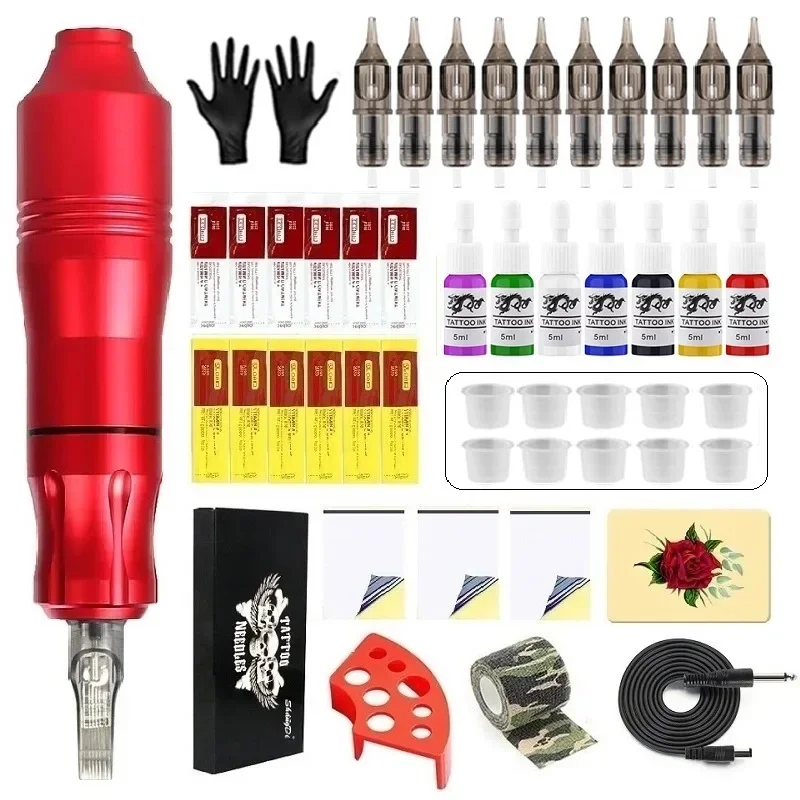 

Professional Tattoo Beginner Set - Kit with DC Jack Rotary Machine Pen 10pcs Cartridge Needles 7pc Ink for Tattoo Enthusiasts