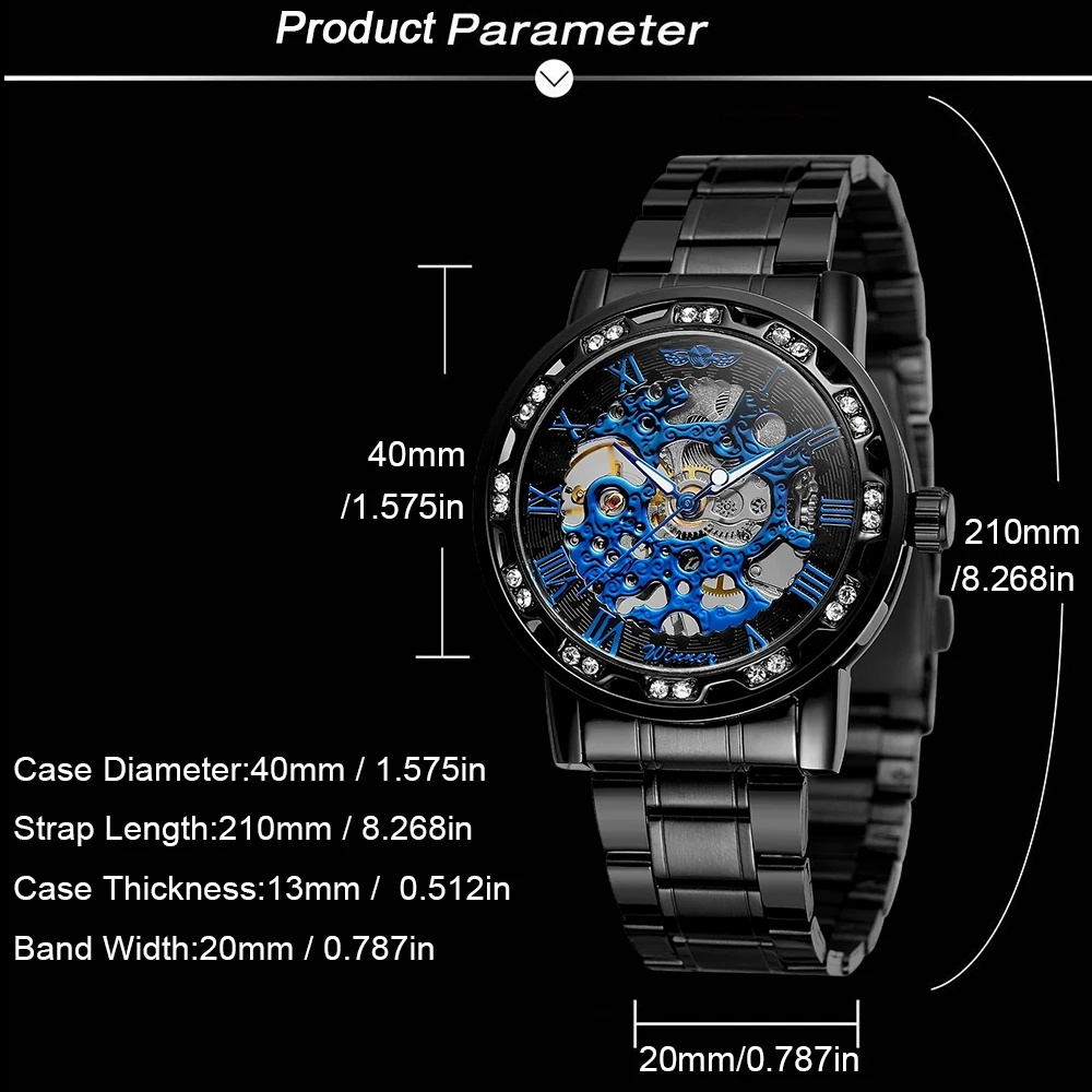 T-WINNER ファッションブラックブルーメンズスケルトン機械式時計彫刻高級ラインストーン発光ポインタースチールマン腕時計