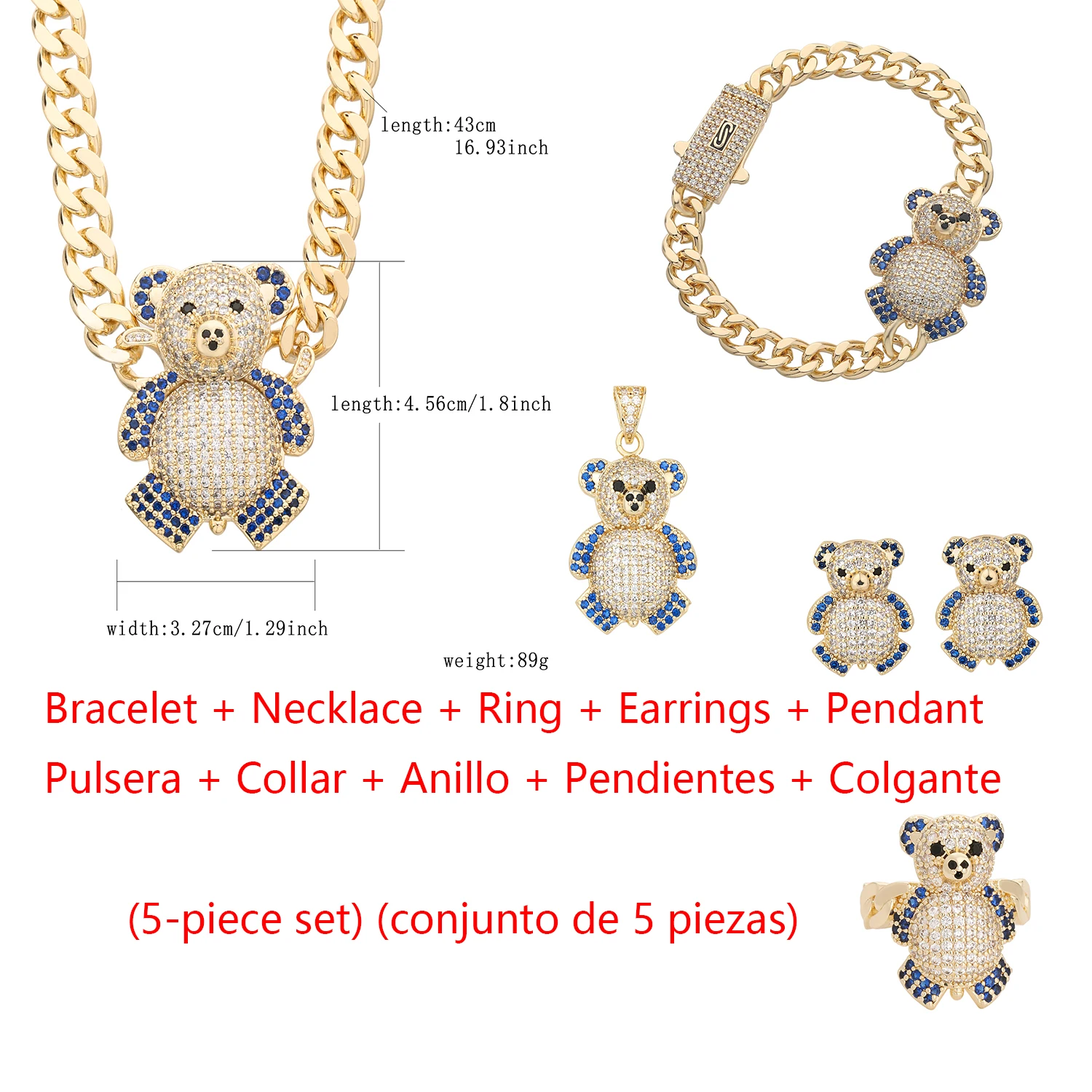 Blue Zircon-Embellished Bear Four-Piece Jewelry Set, Suitable for Girls' Commuting to Work, Gifts, Christmas Decorations, Jewelry