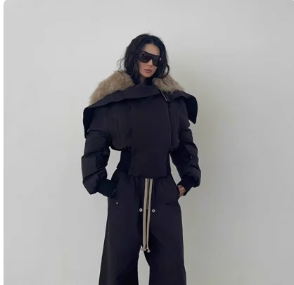 Winter RO Style Women's Same Style Fur Collar Waist Cinched Hooded Black Down Jacket Women's Short Thick Warm Jacket