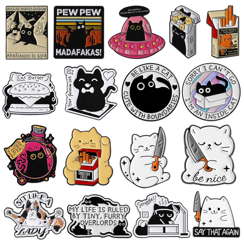 Cute Cat Enamel Pins Creative Hamburger Mirror Yarn Bottle Ghost Cats Knife White Kitty Alien UFO Lapel Badges Jewelry Gifts