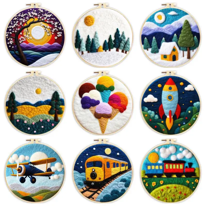 

1 Pack Forest Pattern Diy Needle Felting Painting Train Wool Felting Kit For Beginners Complete Needle Felting Supplies Frame