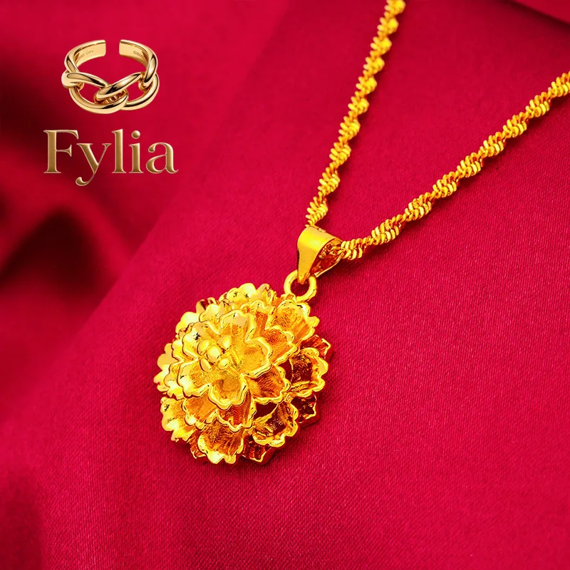 Fylia Jewelry   24K Gold Flower Pendant | AU999 Pure Gold, 3D petal design, see-through stamen, elegant and romantic for daily w