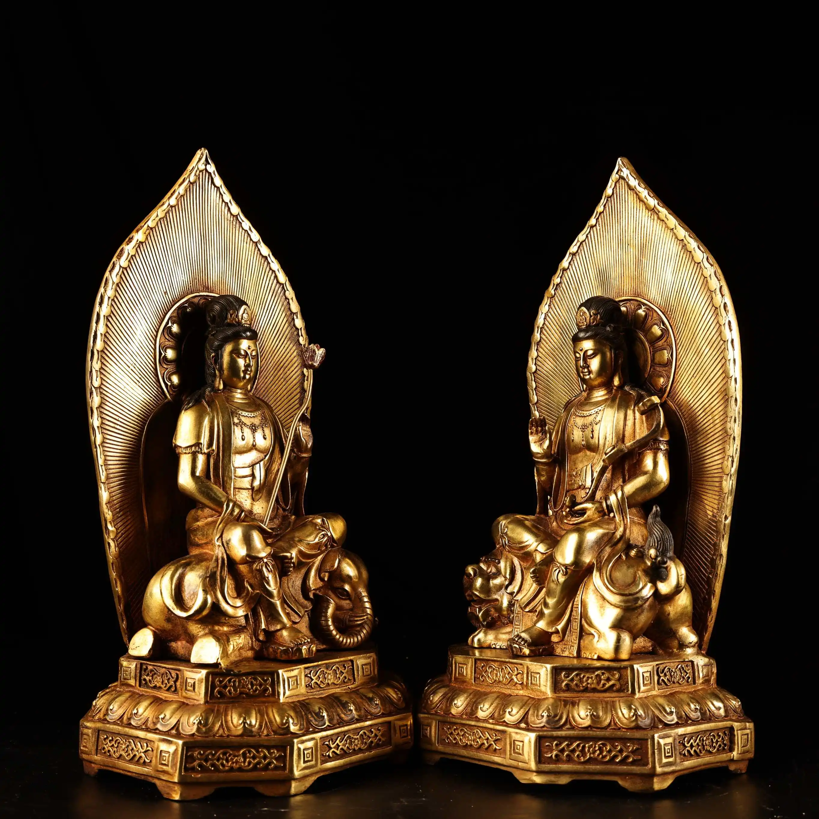 

14"Nepalese temples Old Bronze Gilded High Relief Bodhisattva Manjusri Samantabhadra Mount Sitting Buddha Worship Hall