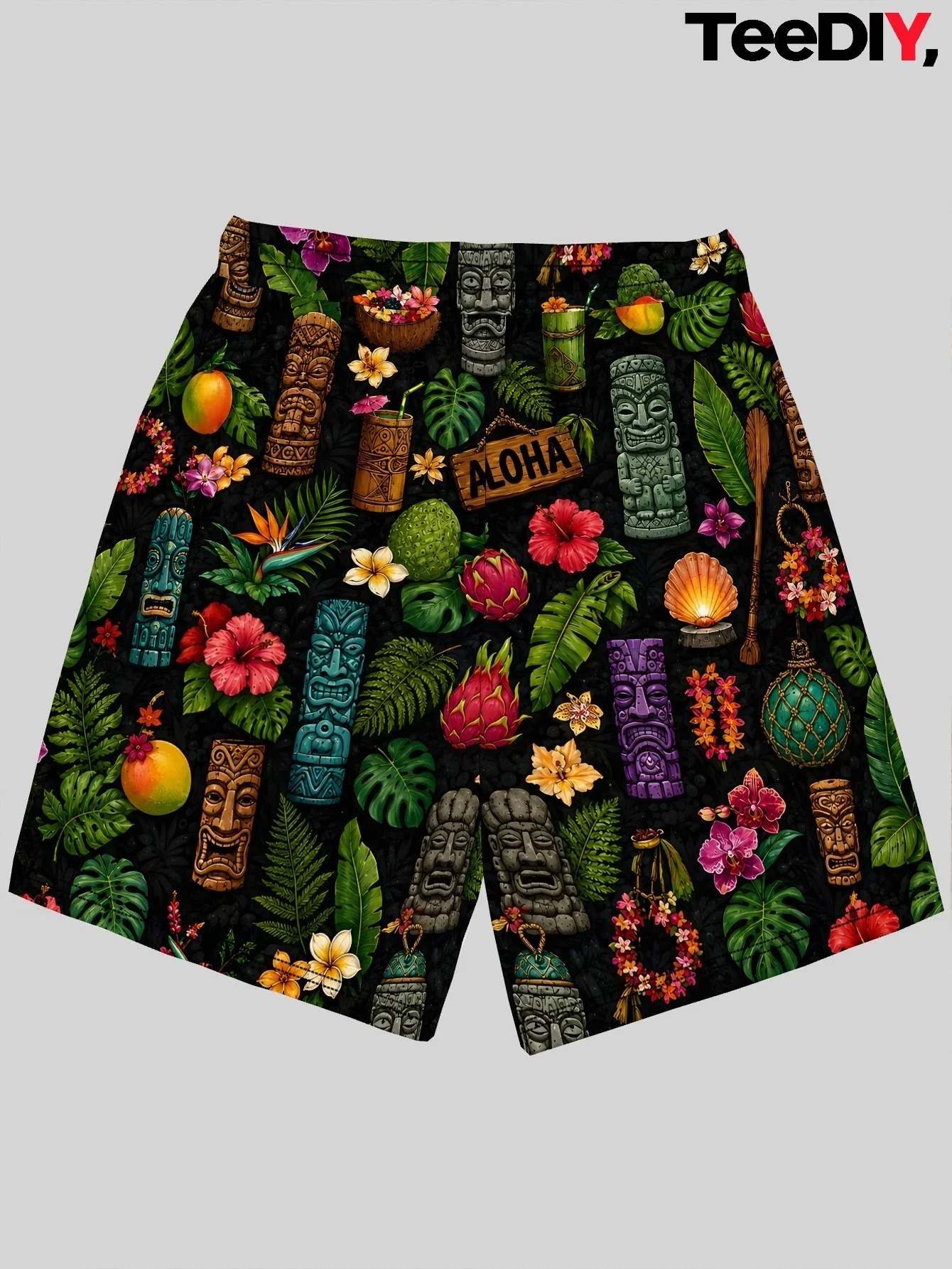 Men Aloha Hawaii Tiki Mask Tropical Fruit Flower Leaf 3D All Over Print Quick Dry Drawstring Beach Swim Boardshorts