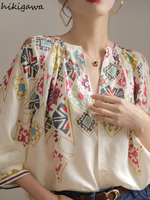 Vintage Blouses Women Clothing Indie Folk 2025 Blusas Mujer De Moda V-neck Print Loose Shirts Chic Summer Korean Blouse Tops