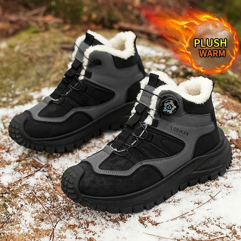 Men Winter Warm High Top Boots Fleece Lined Snow Sneakers Rotary Buckle Shock-resistant Thick Sole Shoes
