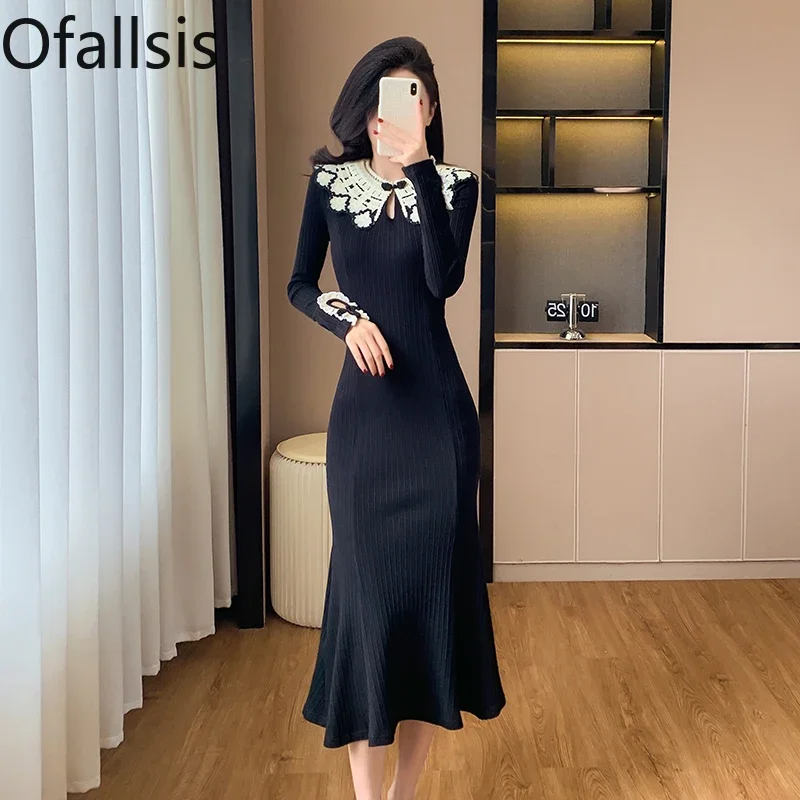 Ofallsis French Style Temperament Small Stature Waist Cinching Dress 2024 New Autumn Winter Elegant Chic Black Dresses Female