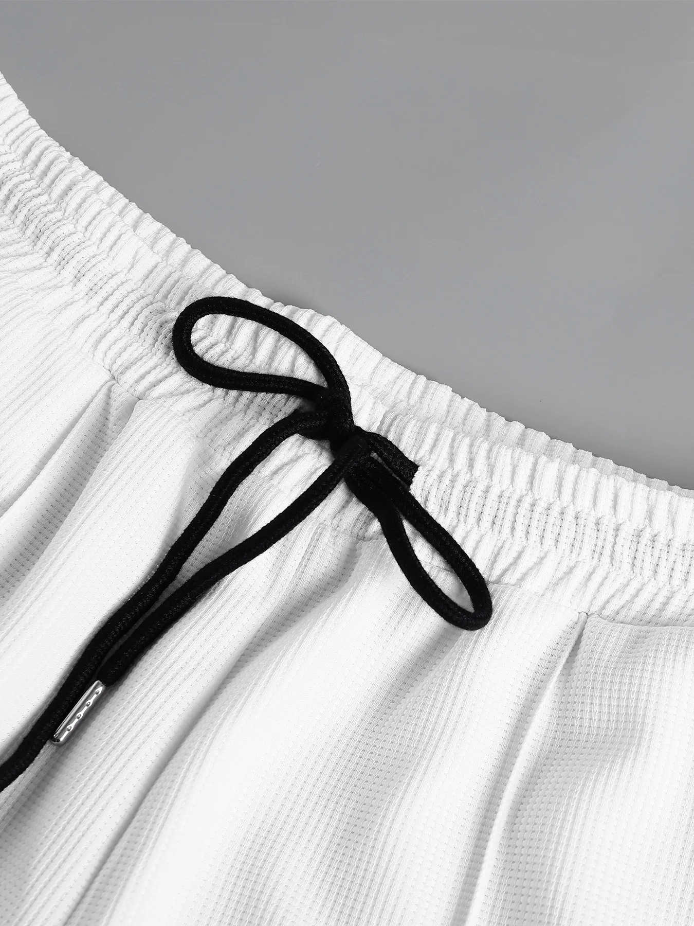 Men's White Waffle Knit Half Zip Polo Shirt Casual Set 2 Piece Lapel Collar Short Sleeve & Drawstring Shorts Outfit view 3