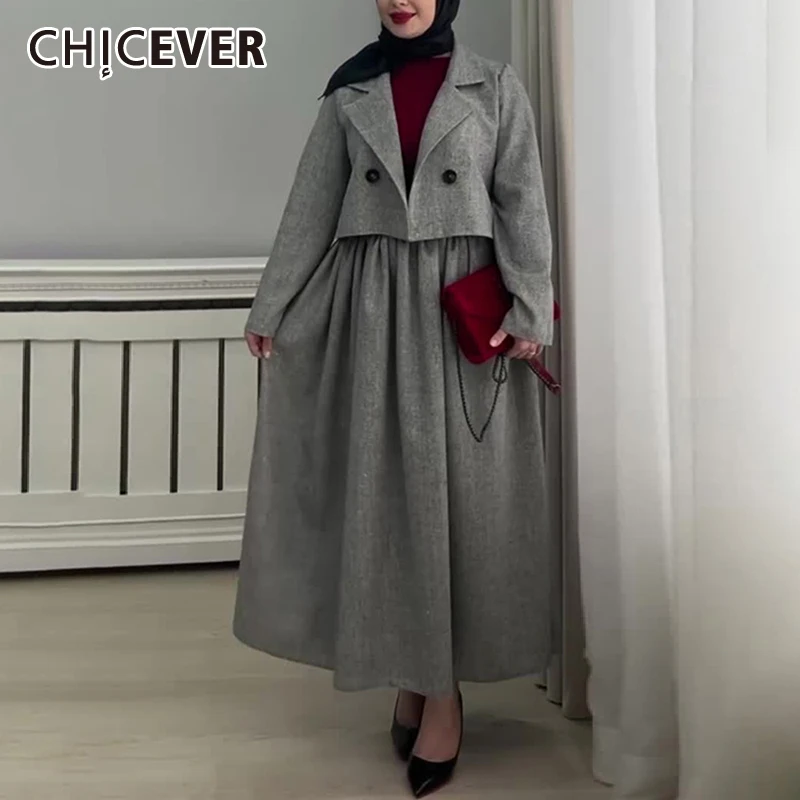 CHICEVER Gray Color Two Piece Set For Women Lapel Long Sleeve Short Coat A Line Skirt With Elastic Elegant Suit Female Clothing