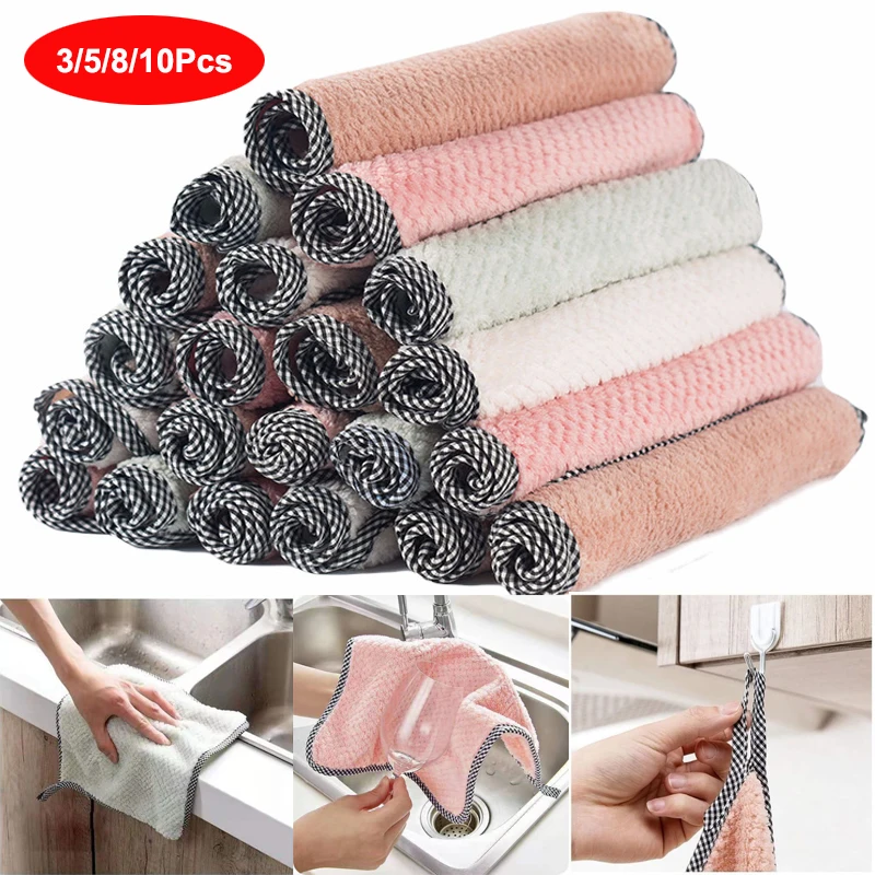 2/5/8/10PCS Super Absorbent Microfiber Cleaning Cloth Anti-grease Wiping Rag Super Absorbent Home Washing Dish Kitchen Cleaning