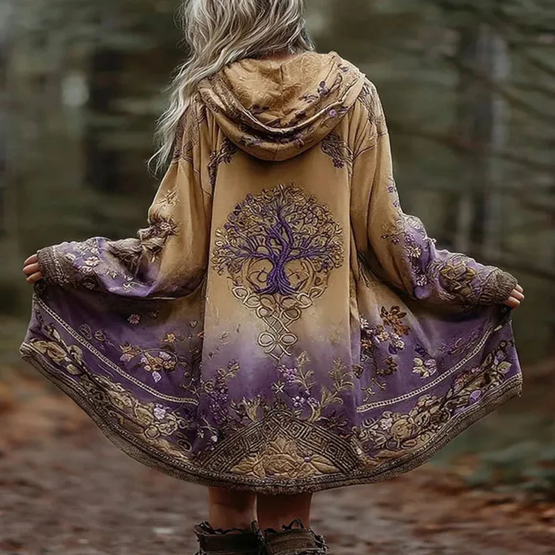 Damski płaszcz trencz na Halloween z nadrukiem retro, nowa moda, luźny, długi kardigan z kapturem, jesienna kurtka z długim rękawem i kapturem.