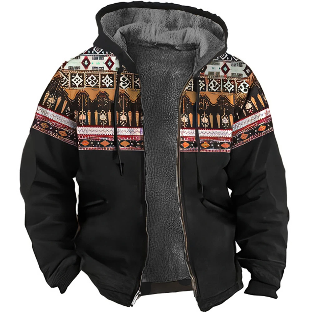 Men\'s Winter Fleece Jacket Traditional Tribal Print Parka Coats Warm Padding Jackets Outerwear Daily Heavy Hoodie Overcoat 2024