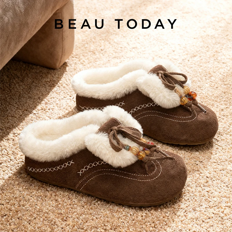 

BEAUTODAY Winter Flats Women Cow Suede Leather Round Toe String Beaded Decorations Furry Ladies Slingbacks Shoes Handmade 37092