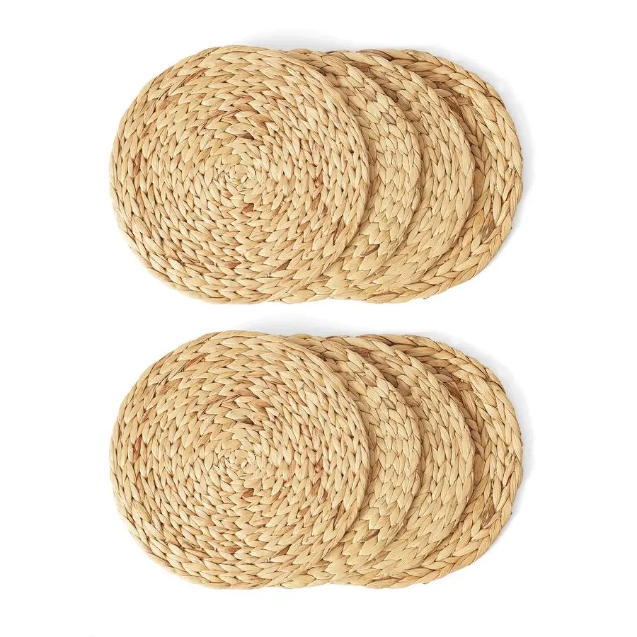 

Round Woven Placemats Set of 8, Natural Wicker, Water Hyacinth Straw Braided, Heat Resistant NonSlip Weave Handmade 11.8 Round,