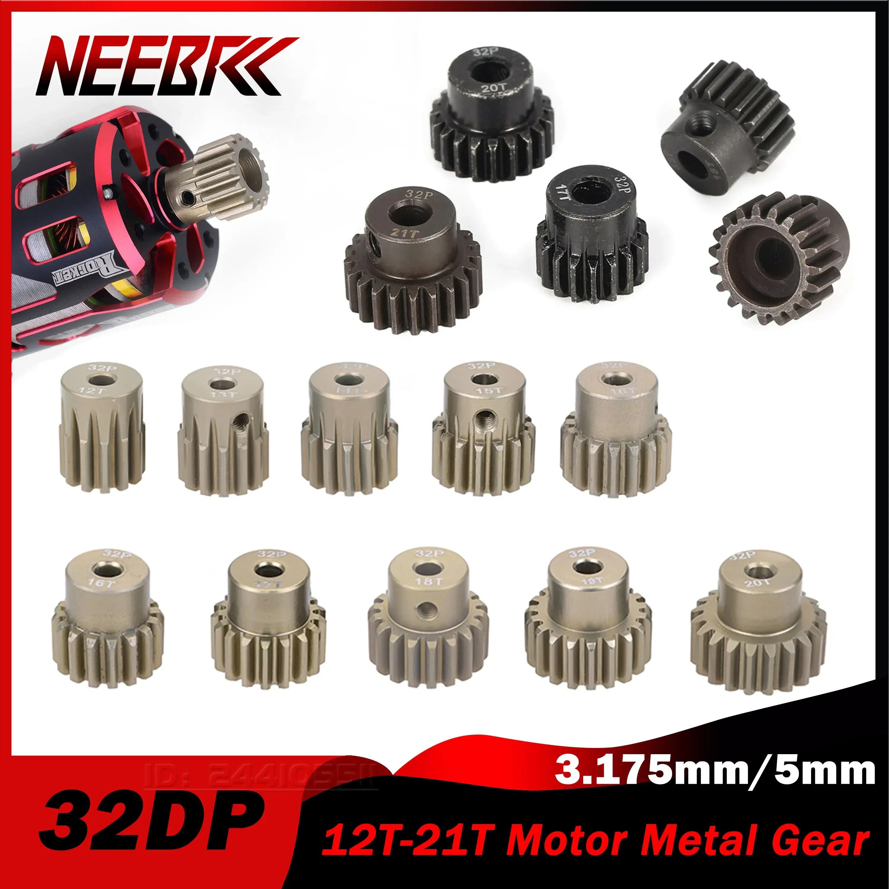 

32DP 3.175/5mm 12T 13T 14T 15T 16T 17T 18T 19T 20T 21T Metal Pinion Motor Gear for 1/8 1/10 RC Car Wltoys HSP Brushed Brushless